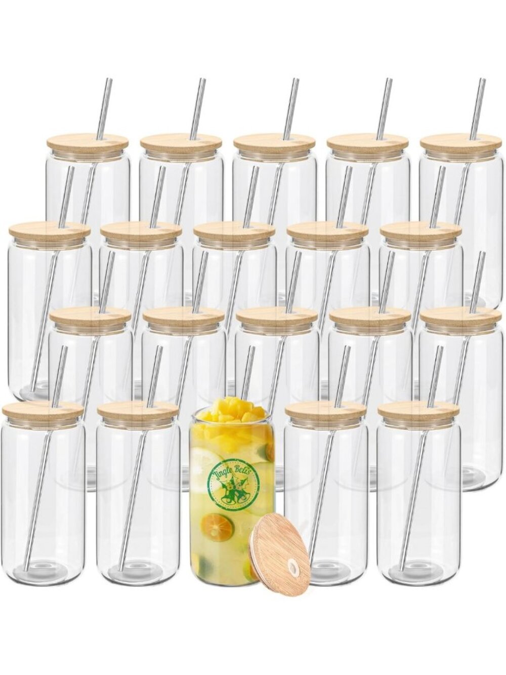 20 Pack Glass Cups with Bamboo Lids & Metal Straws - Reusable Cute Tumblers for